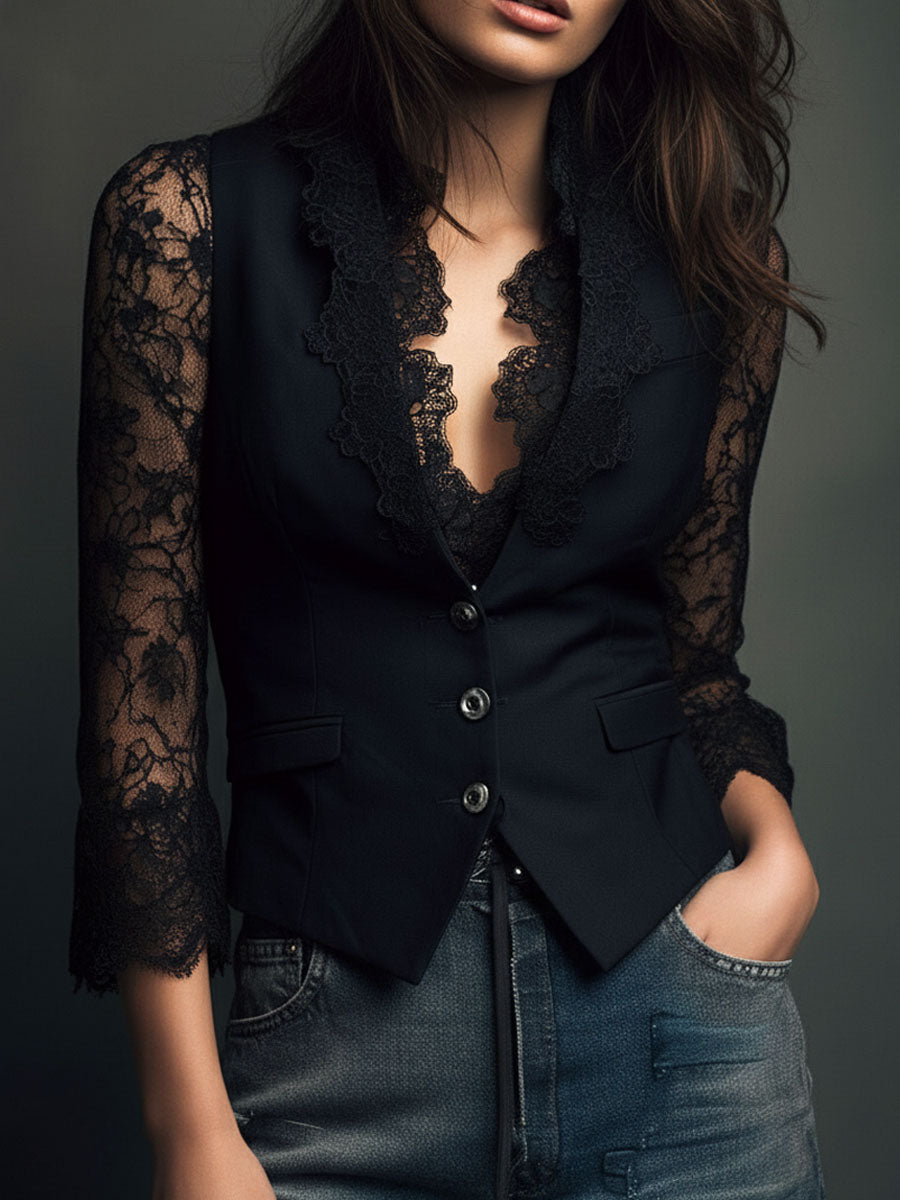 Bruxelle - Elegante Damesblouse van Kant met Transparante Mouwen