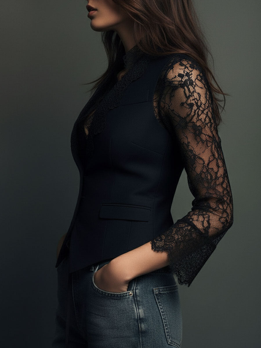 Bruxelle - Elegante Damesblouse van Kant met Transparante Mouwen