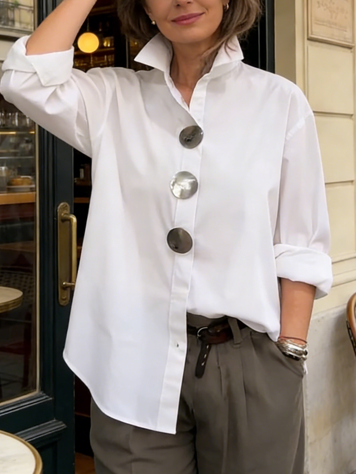 Kaeloria - Elegante Blouse van Katoen en Linnen met Metalen Knopen