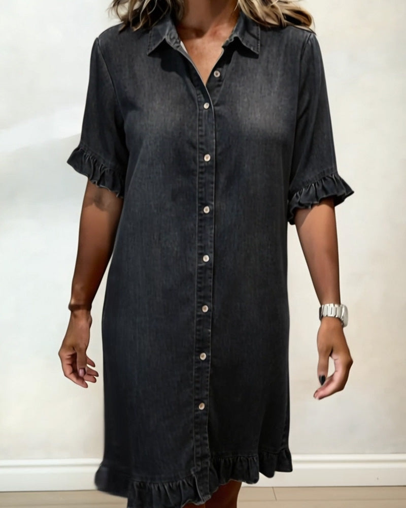 Glytha - Dames Denim Jurk Met Knopen Volant Mouwen Rechte Casual Snit