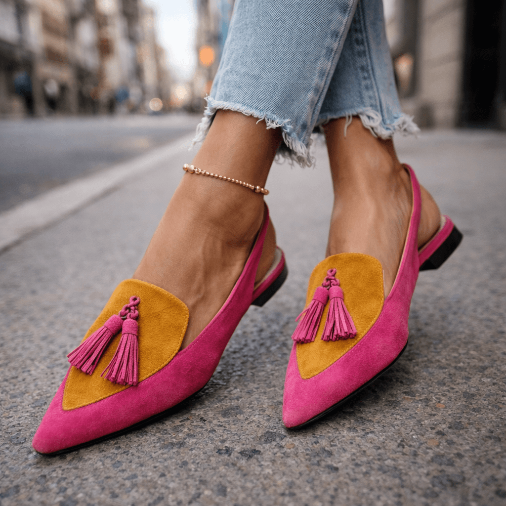 Nexoria - Elegante bicolor damesmules met trendy pompons