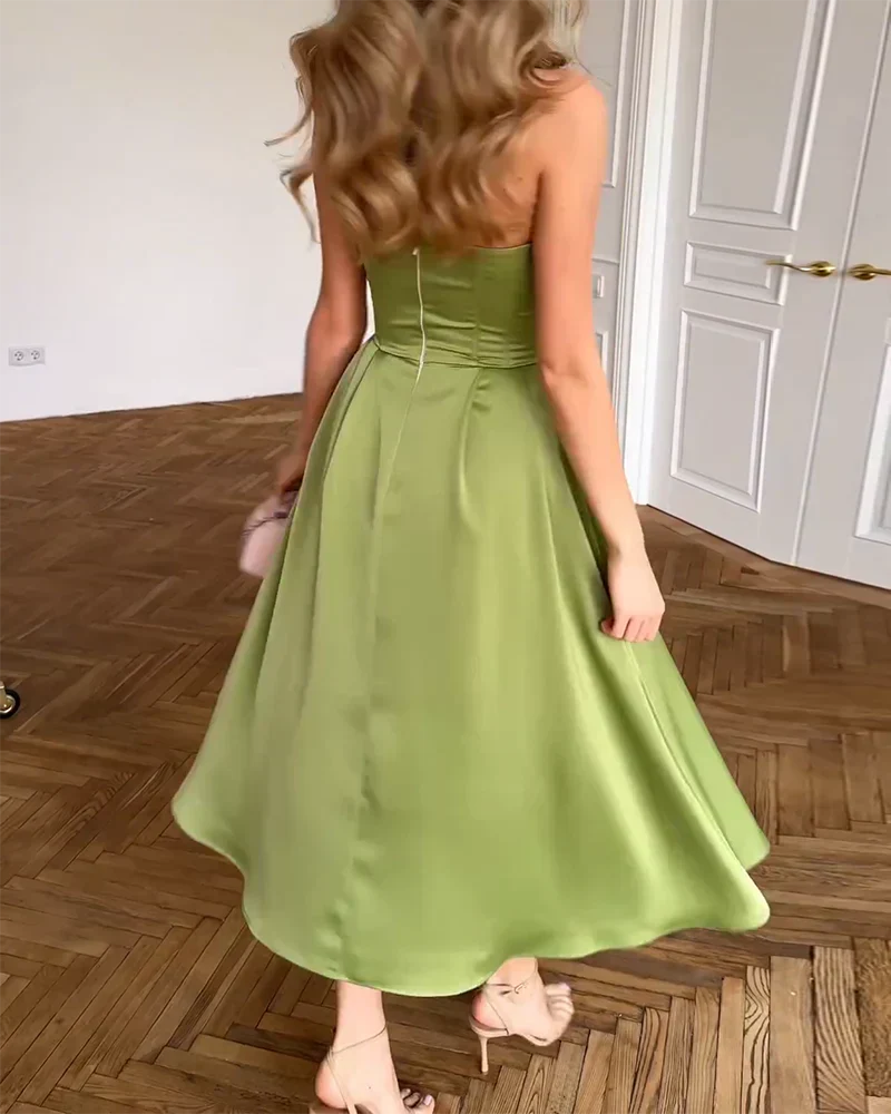 Glyvenza - Elegante en verfijnde satijnen midi jurk zonder schouderbanden voor dames