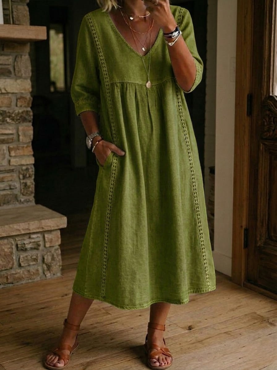 Jaxine - Dames Jurk Patchwork Kant Katoen Linnen Casual Zomer