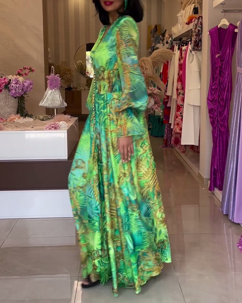 Aceline - Elegante Bedrukte Maxi Dress met Empire Taille