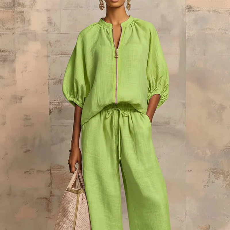 Calyndra - Dames tweedelig ensemble met rits-top en brede broek