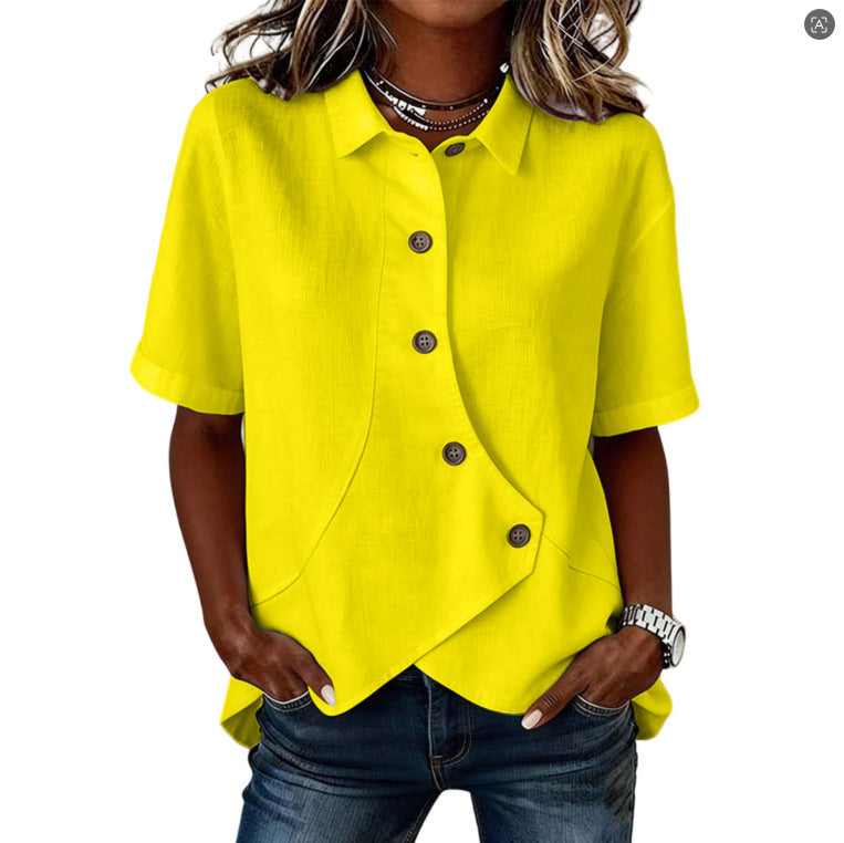 Aurelyth - Asymmetrische damesblouse met knopen en elegante gestructureerde kraag