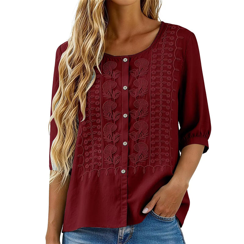 Sorivelle - Geborduurd damesblouse van katoen en linnen met 3/4 mouwen