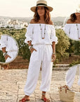 Brixavelle - Dames jumpsuit met blote schouders en strik taille van katoen