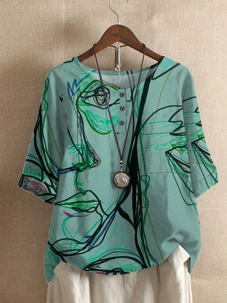 Averitha - Kunstzinnige dames T-shirt met 3/4 mouwen en ronde hals