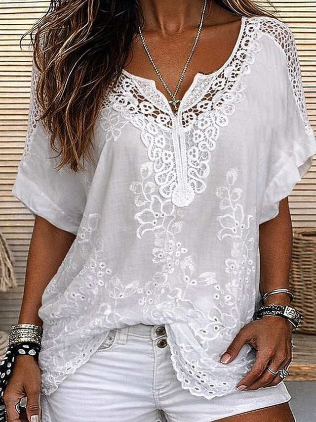 Cavoria - Witte blouse voor vrouwen met geborduurde kant