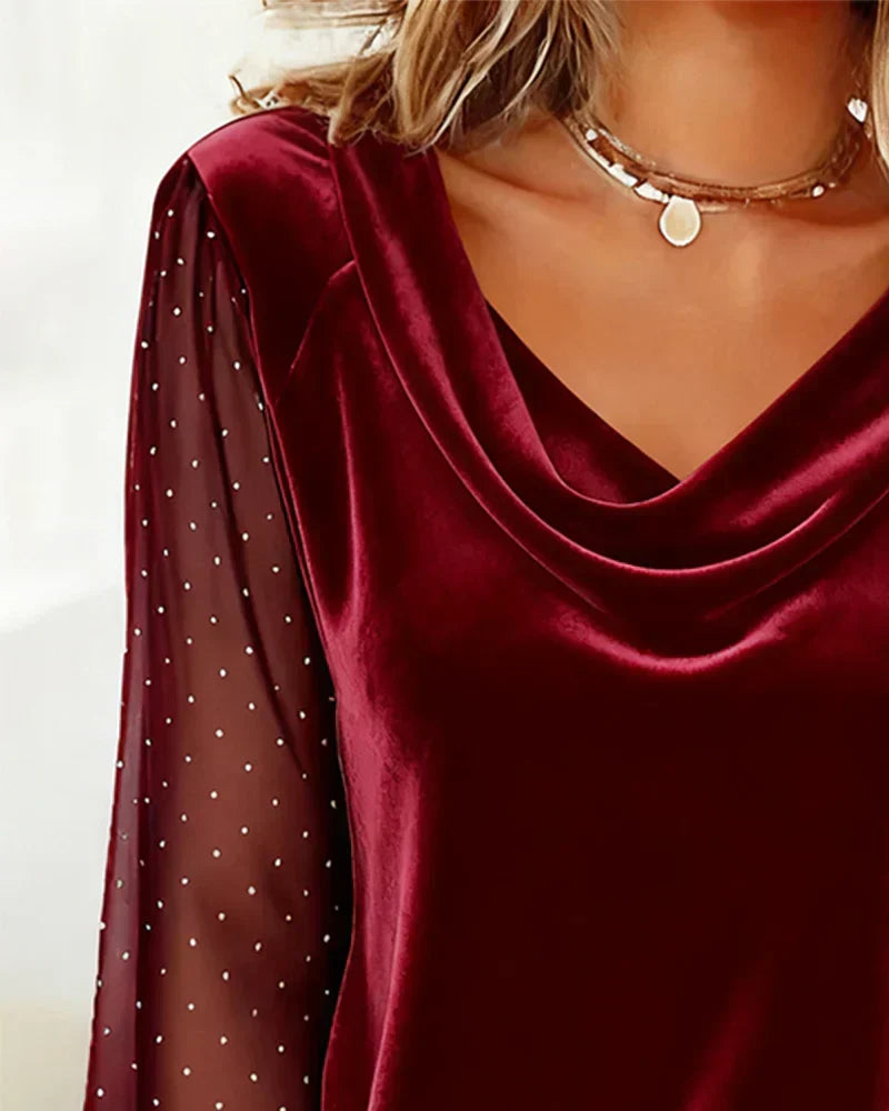 Lunavessia - Elegante Blouse met Drapé Kraag en Transparante Mouwen