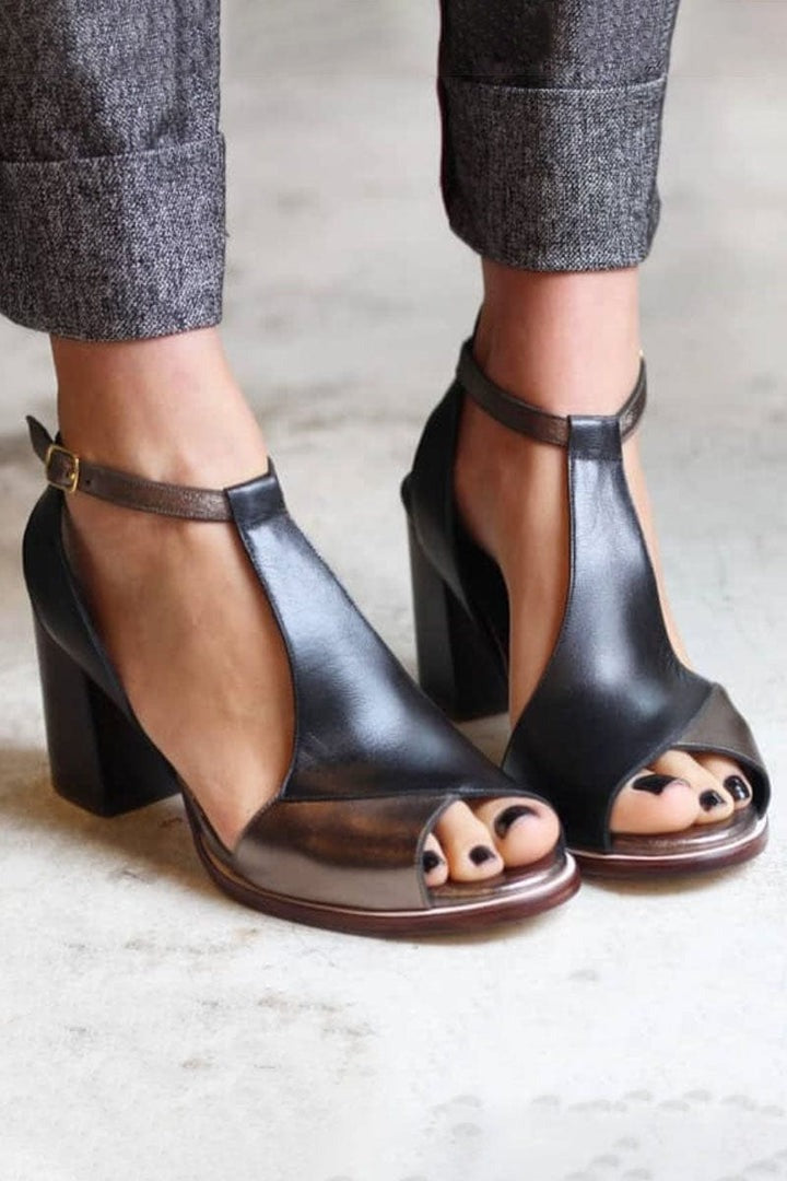 Syralix - Dames sandalen met blokhak van leer open neus enkelbandje moderne stijl