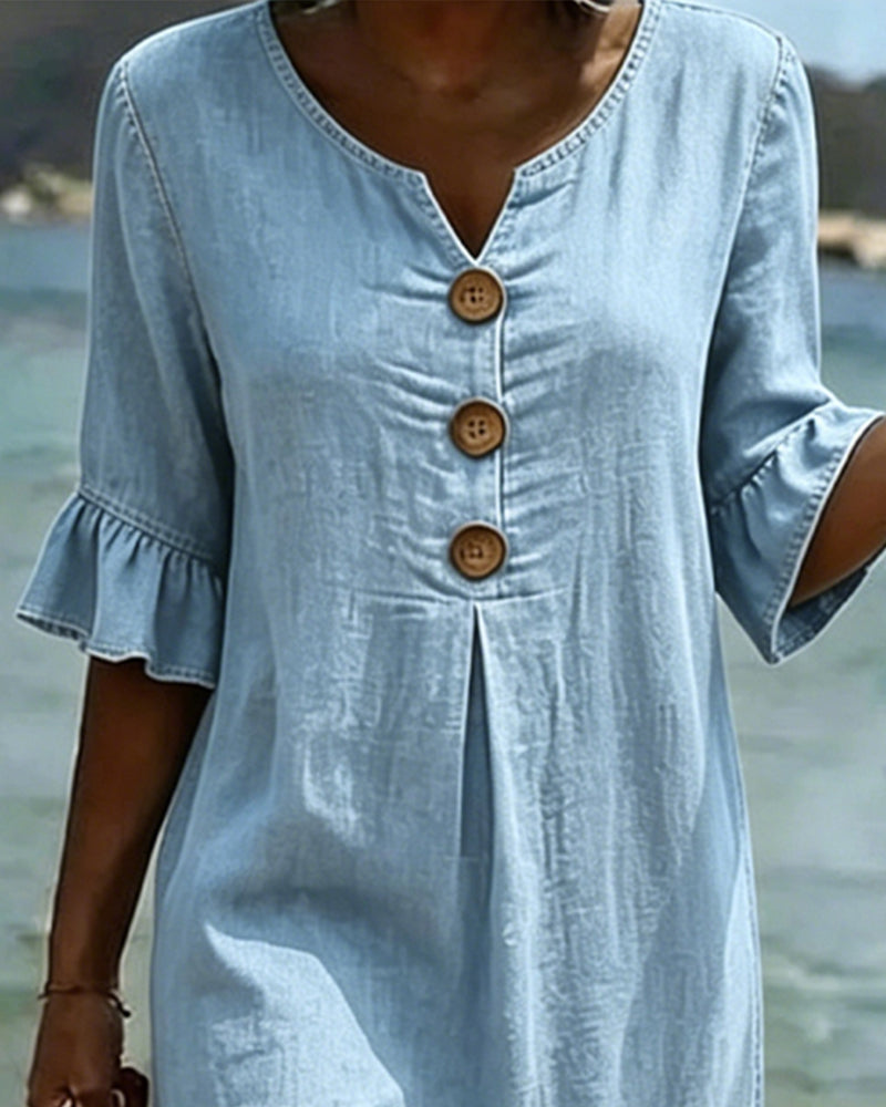 Fynorae - Dames jurk van denim met volantmouwen vloeiende snit zomer strand