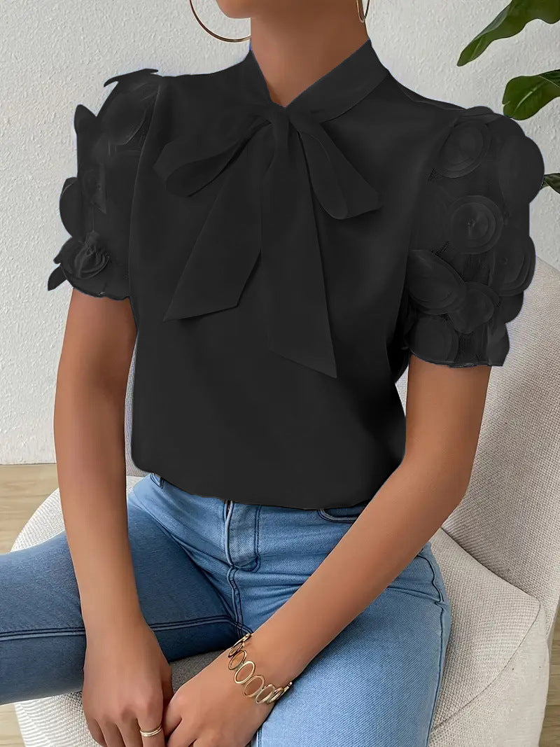 Cirelle - Effen kanten zomerblouse met strik en korte mouwen