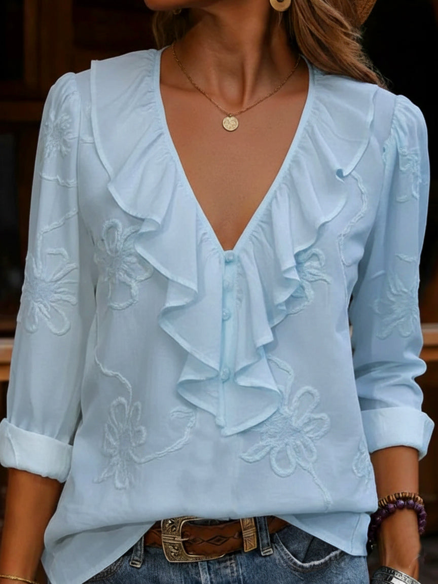 Myrella - Vintage Blouse met Volants en Bloemenborduursels