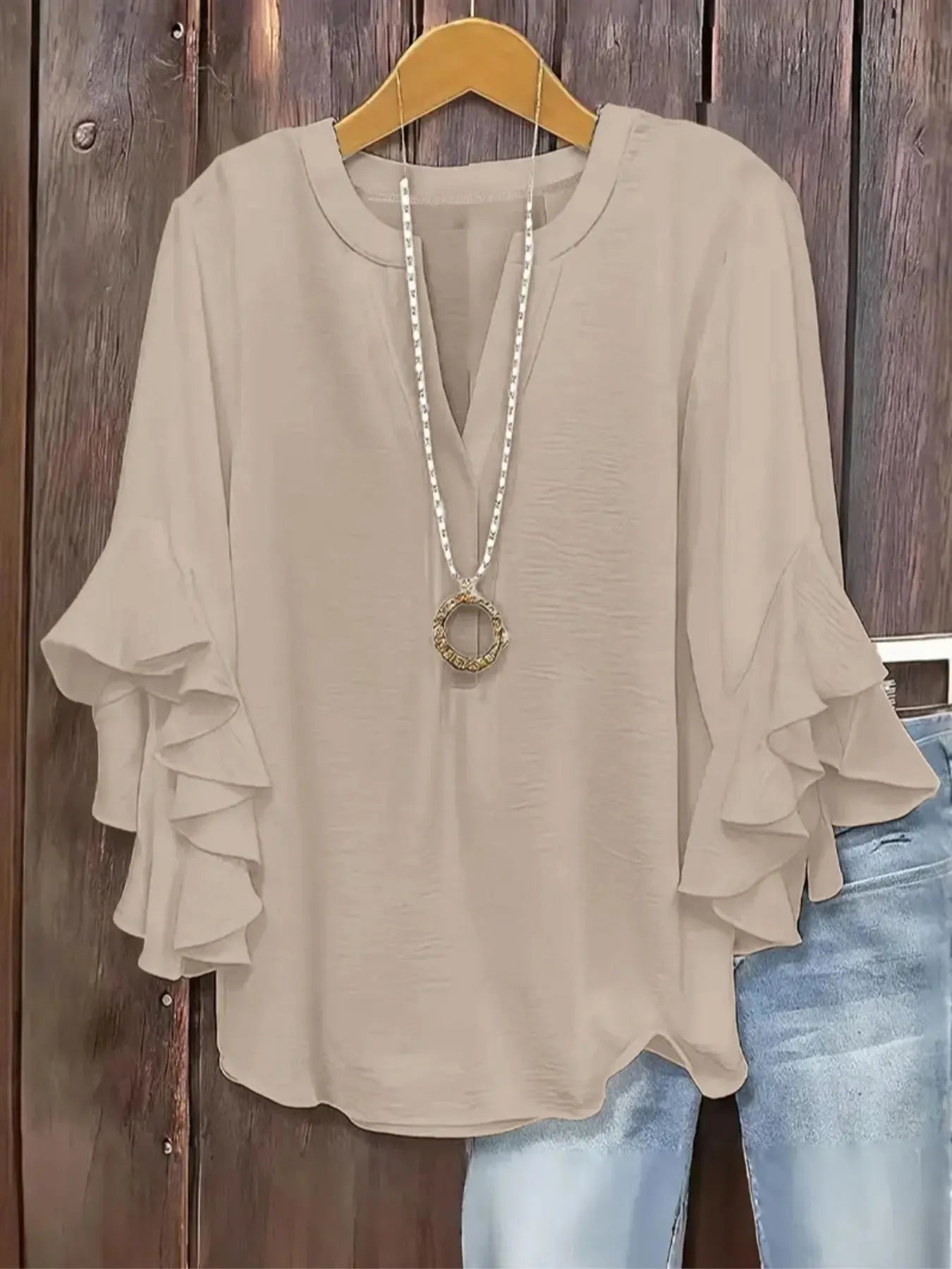 Horiana - Blouse voor vrouwen in grote maten met volantmouwen en V-hals