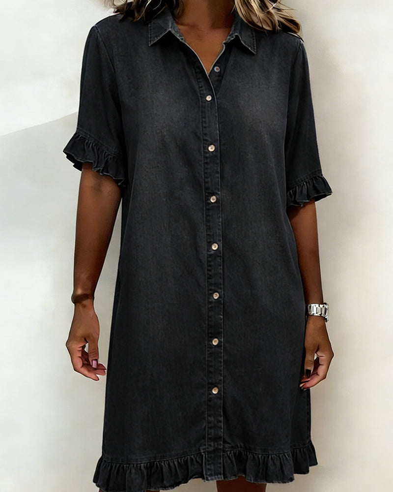 Glytha - Dames Denim Jurk Met Knopen Volant Mouwen Rechte Casual Snit