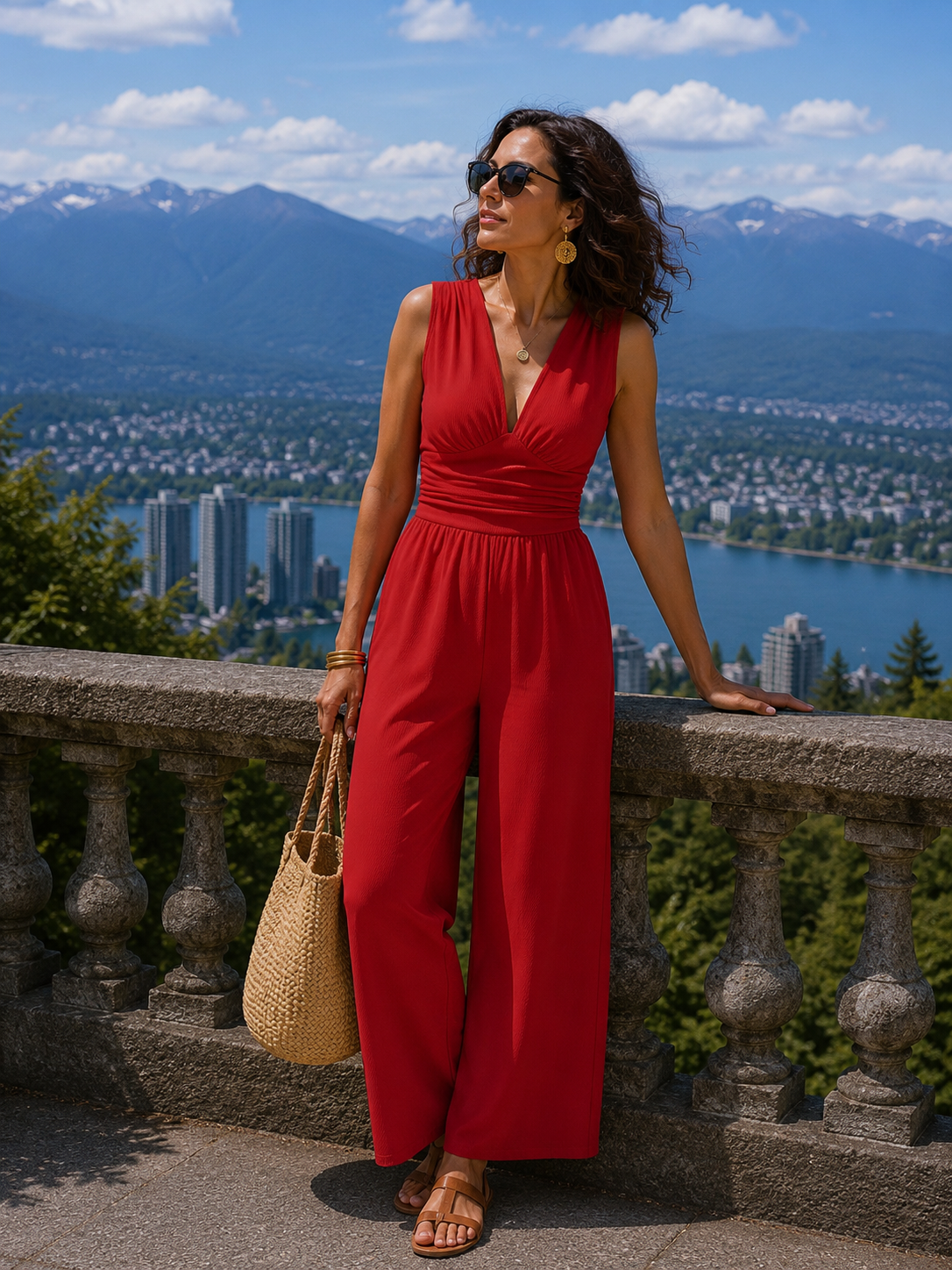 Aurevina - Dames jumpsuit zonder mouwen met V-hals en wijde benen