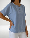 Dovinia - Vrouwenblouse van linnen met korte mouwen gestreept casual voor de zomer