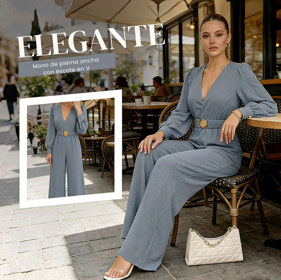 Jorethia - Dames jumpsuit met wijde pijpen V-hals ceintuur en pofmouwen