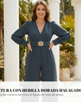 Jorethia - Dames jumpsuit met wijde pijpen V-hals ceintuur en pofmouwen