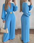 Jorethia - Dames jumpsuit met wijde pijpen V-hals ceintuur en pofmouwen