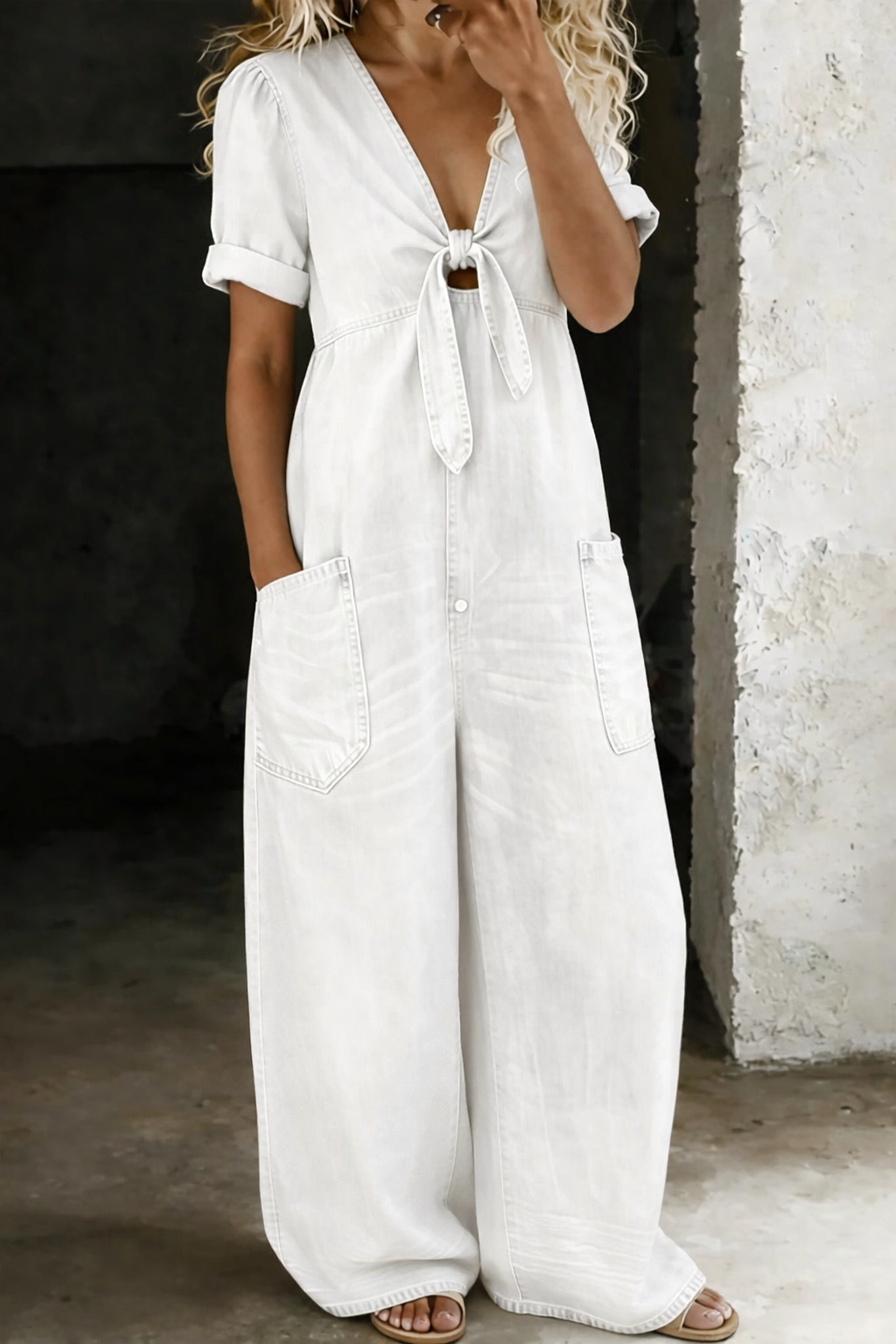Lioritha - Dames jumpsuit van soepel denim met V-hals en wijde pijpen