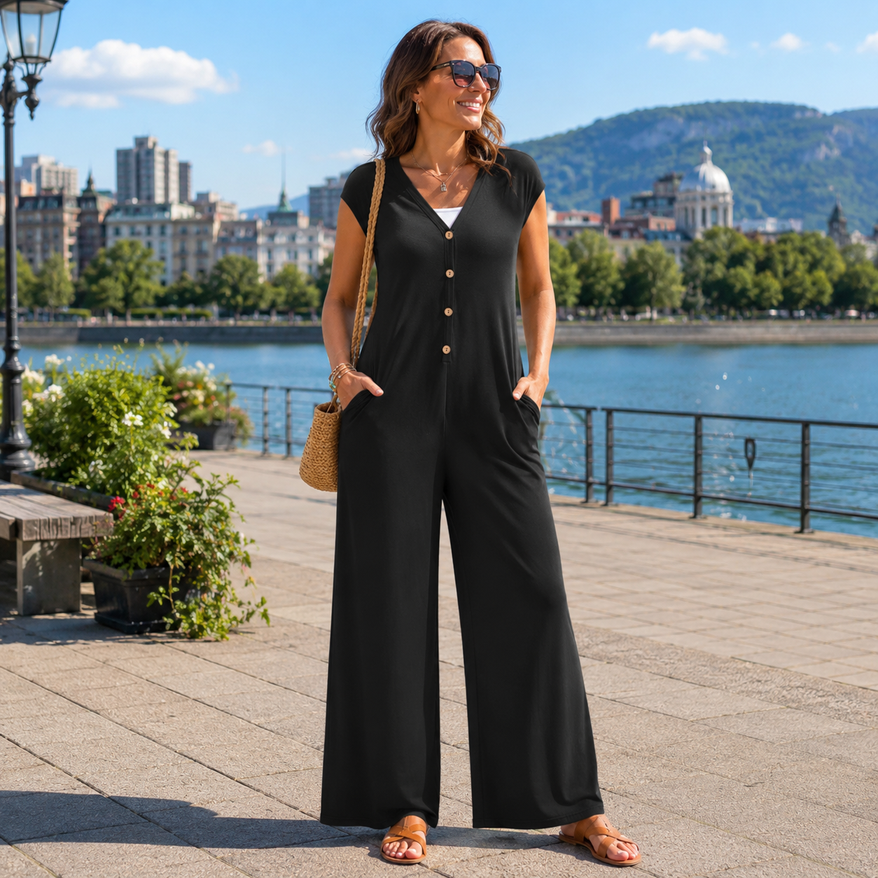 Priscena - Dames jumpsuit met V-hals, knopen en wijde benen