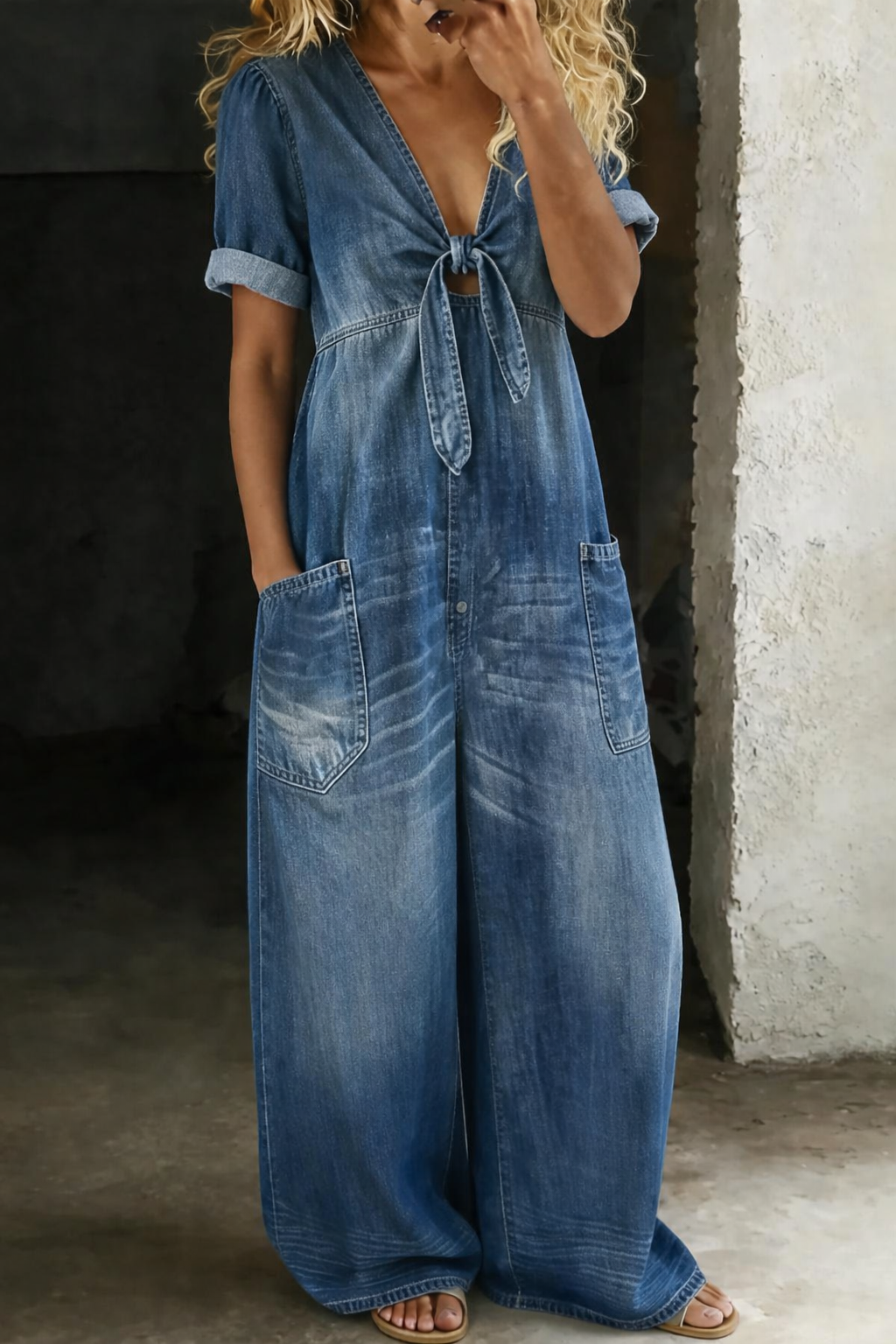 Lioritha - Dames jumpsuit van soepel denim met V-hals en wijde pijpen