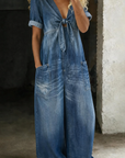 Lioritha - Dames jumpsuit van soepel denim met V-hals en wijde pijpen