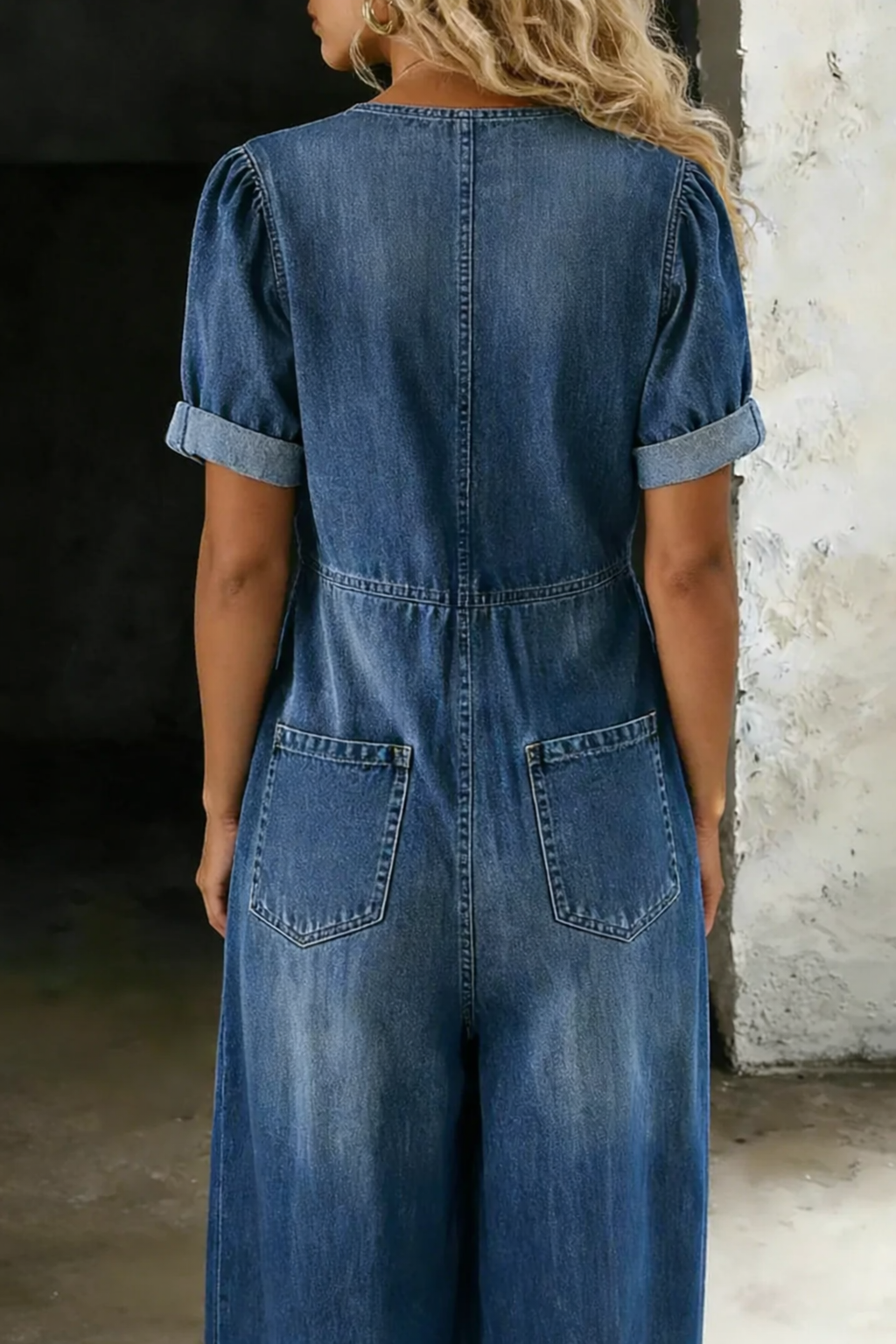 Lioritha - Dames jumpsuit van soepel denim met V-hals en wijde pijpen