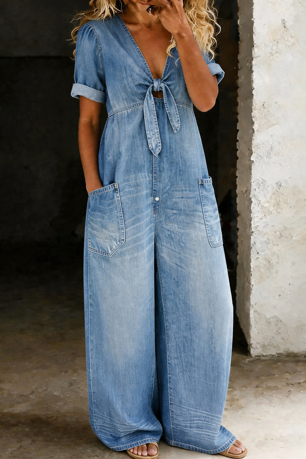 Lioritha - Dames jumpsuit van soepel denim met V-hals en wijde pijpen