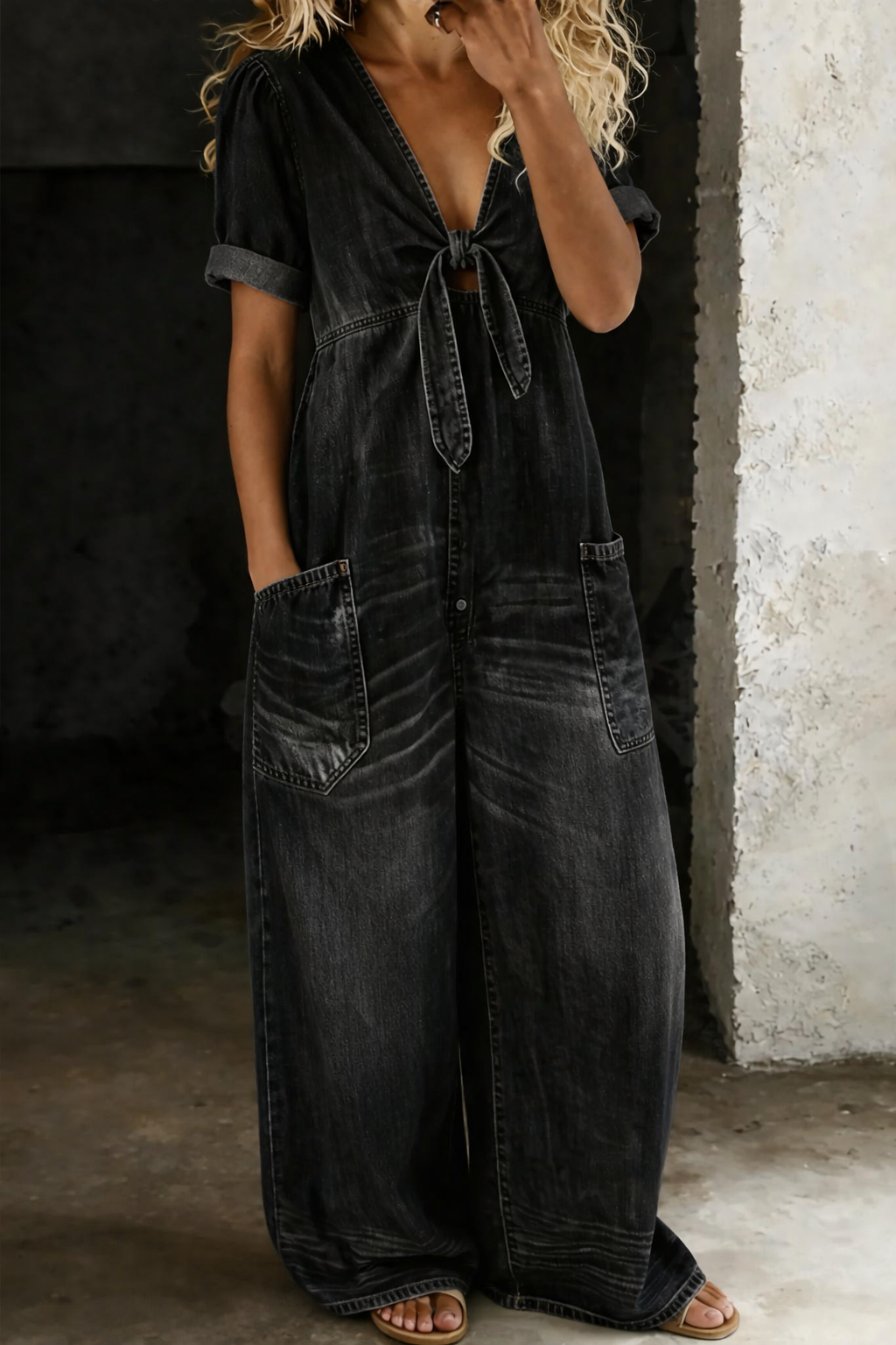 Lioritha - Dames jumpsuit van soepel denim met V-hals en wijde pijpen