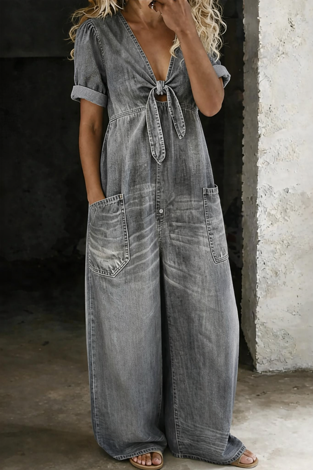 Lioritha - Dames jumpsuit van soepel denim met V-hals en wijde pijpen