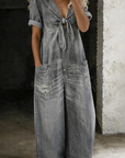 Lioritha - Dames jumpsuit van soepel denim met V-hals en wijde pijpen