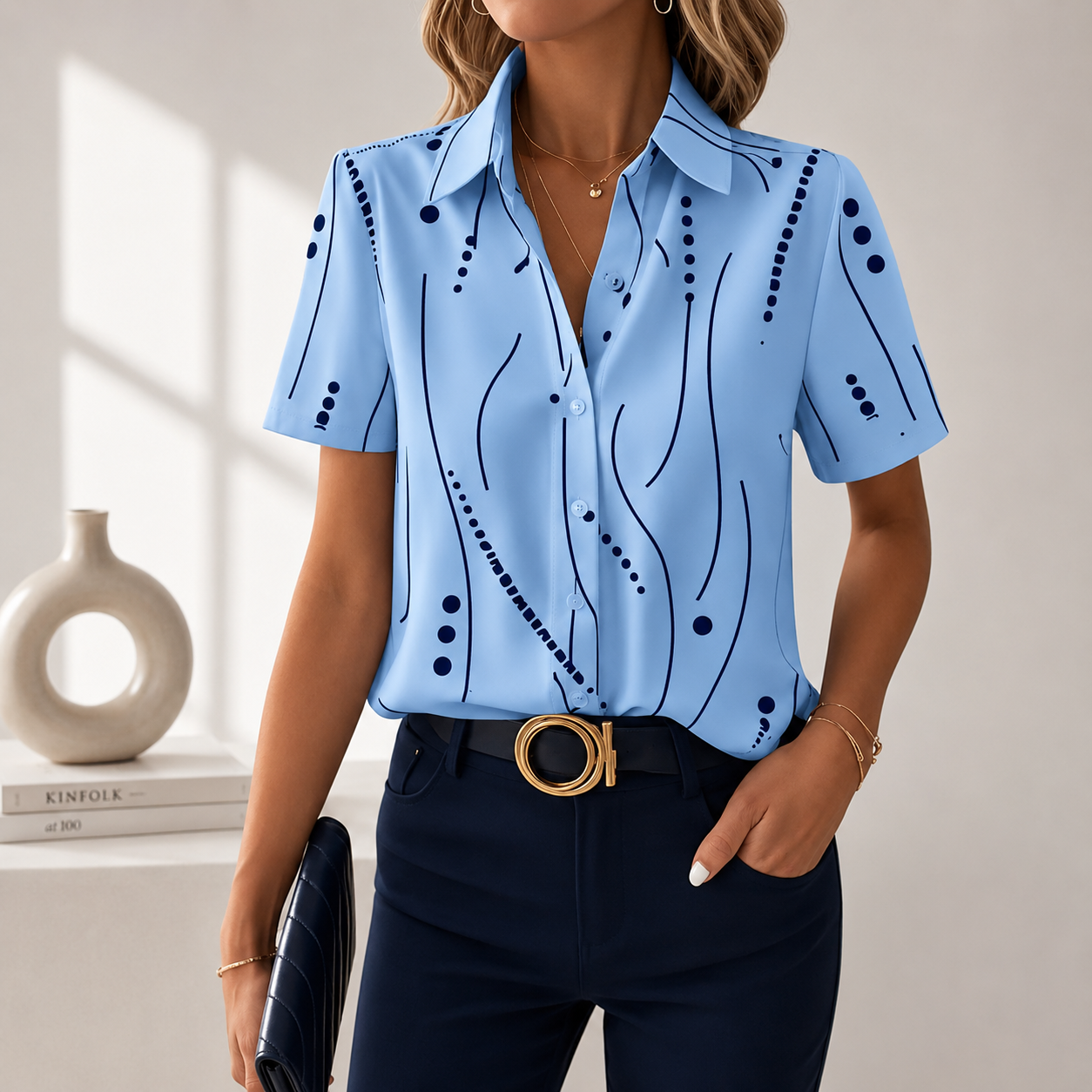 Talyria - Damesblouse in blauw met abstracte print en korte mouwen