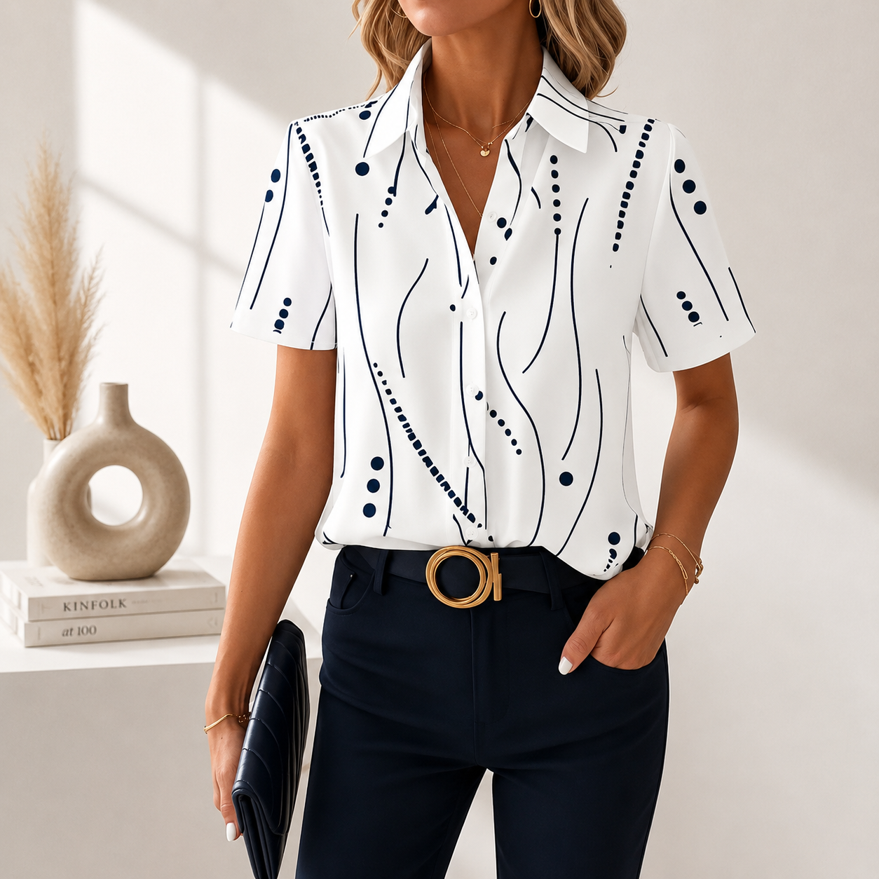 Talyria - Damesblouse in blauw met abstracte print en korte mouwen