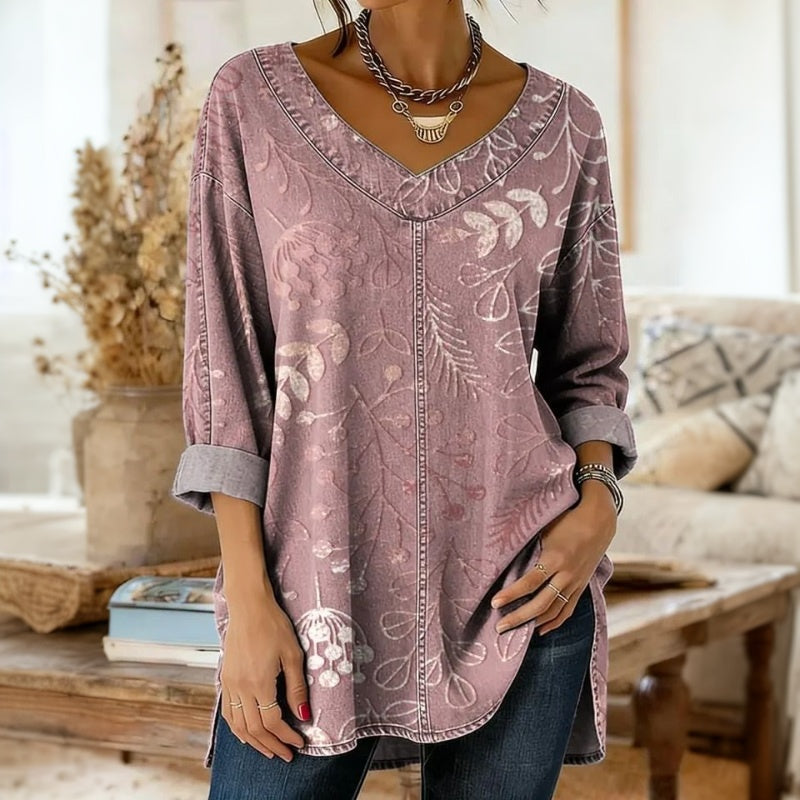 Selmira - Retro Blouse met Elegante Bladerenprint