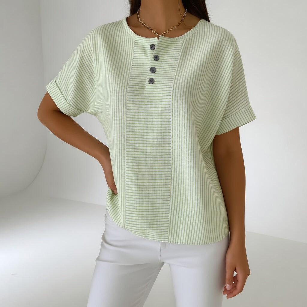 Dovinia - Vrouwenblouse van linnen met korte mouwen gestreept casual voor de zomer
