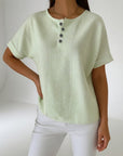 Dovinia - Vrouwenblouse van linnen met korte mouwen gestreept casual voor de zomer