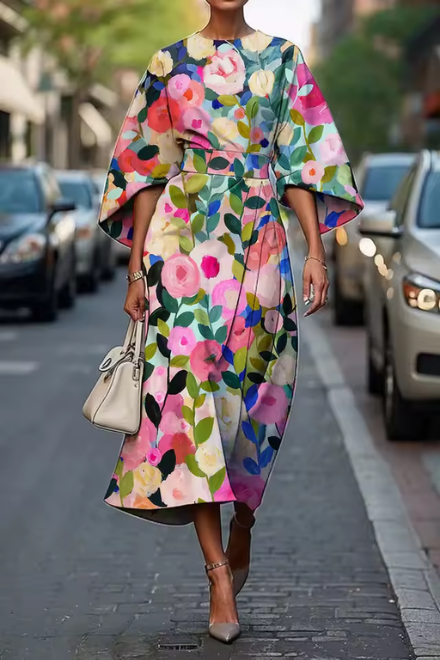 Havirelle - Elegante midi bloemenjurk voor dames met vloeiende mouwen en artistieke print