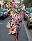 Havirelle - Elegante midi bloemenjurk voor dames met vloeiende mouwen en artistieke print