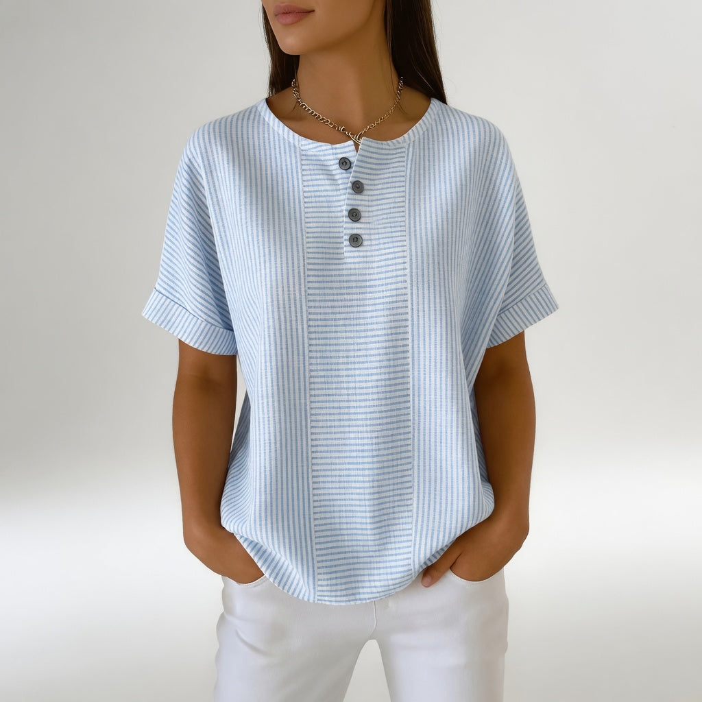 Dovinia - Vrouwenblouse van linnen met korte mouwen gestreept casual voor de zomer
