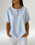 Dovinia - Vrouwenblouse van linnen met korte mouwen gestreept casual voor de zomer
