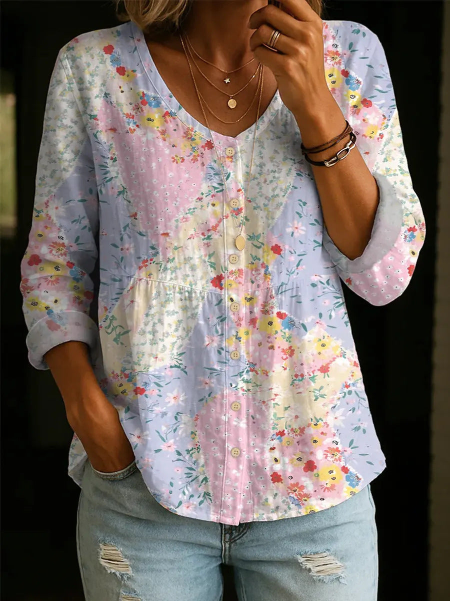 Cirexa - Dames blouse patchwork bloemen V-hals luchtig casual
