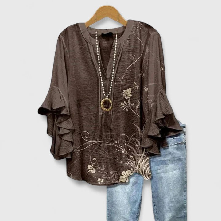 Myravelle - Damesblouse met bohemien print en elegante volantmouwen