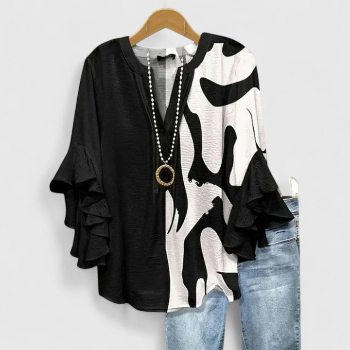 Myravelle - Damesblouse met bohemien print en elegante volantmouwen