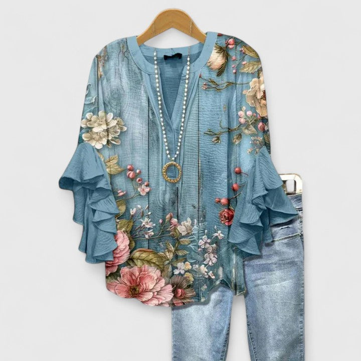 Myravelle - Damesblouse met bohemien print en elegante volantmouwen