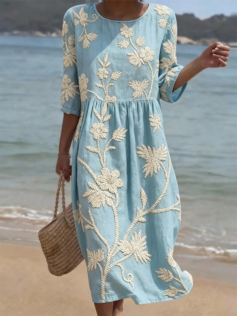 Delyth - Midi Vloeiende Broderie Jurk Vintage Elegantie
