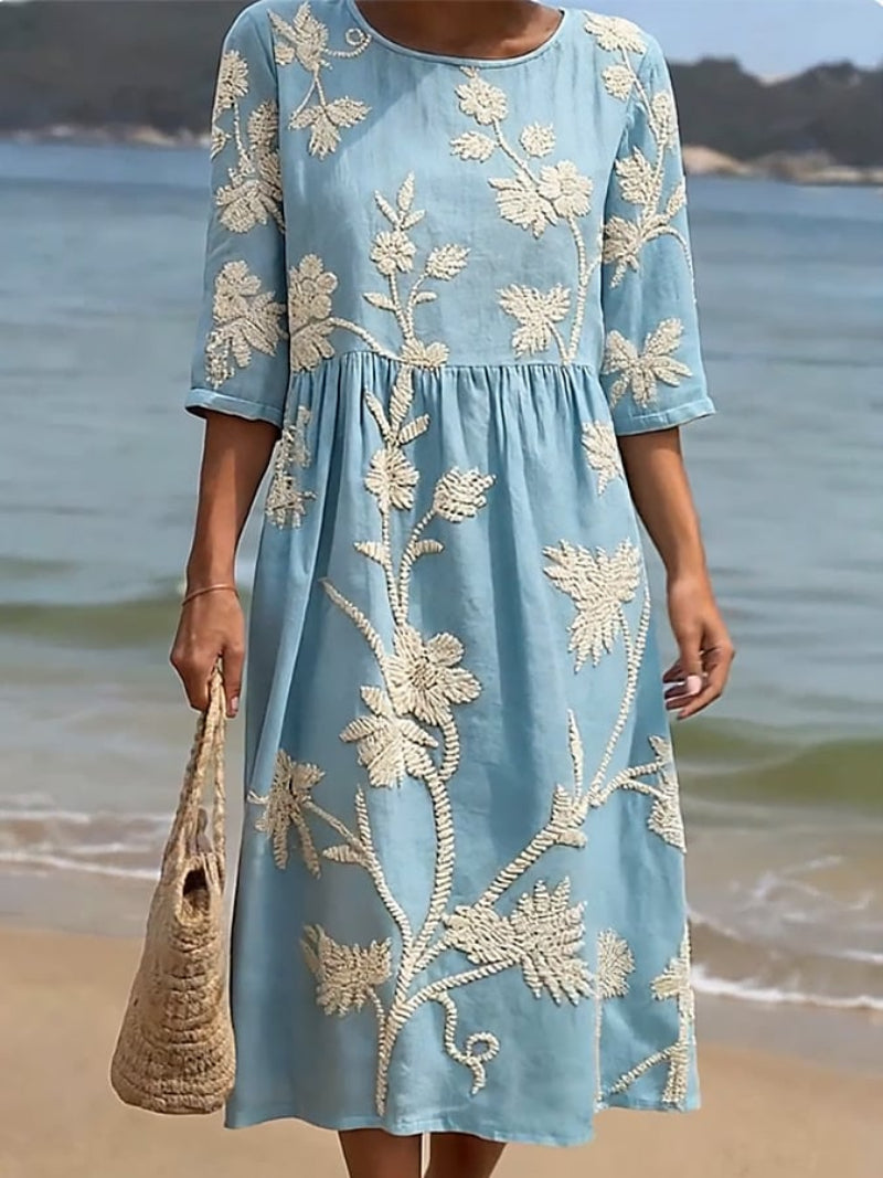 Delyth - Midi Vloeiende Broderie Jurk Vintage Elegantie